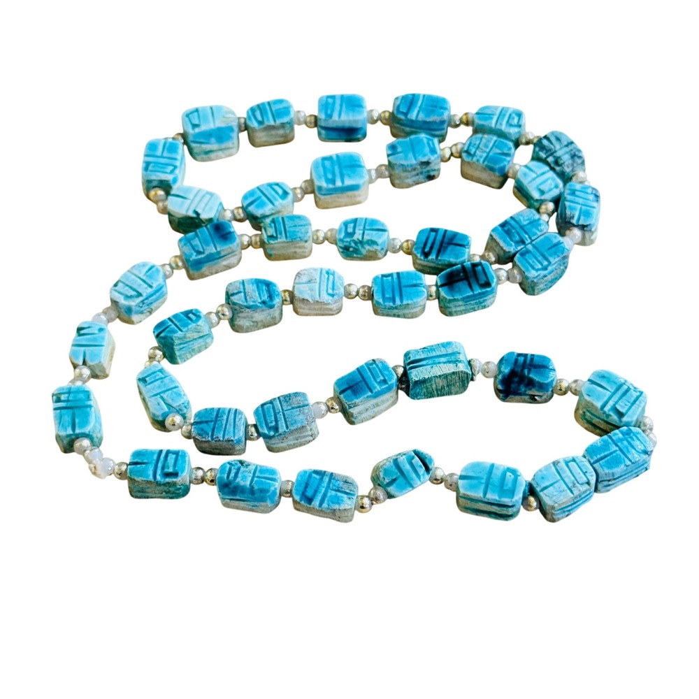 Egyptian Revival Scarab Faience Necklace VtG Blue Beaded Statement‎ Chunky 28"